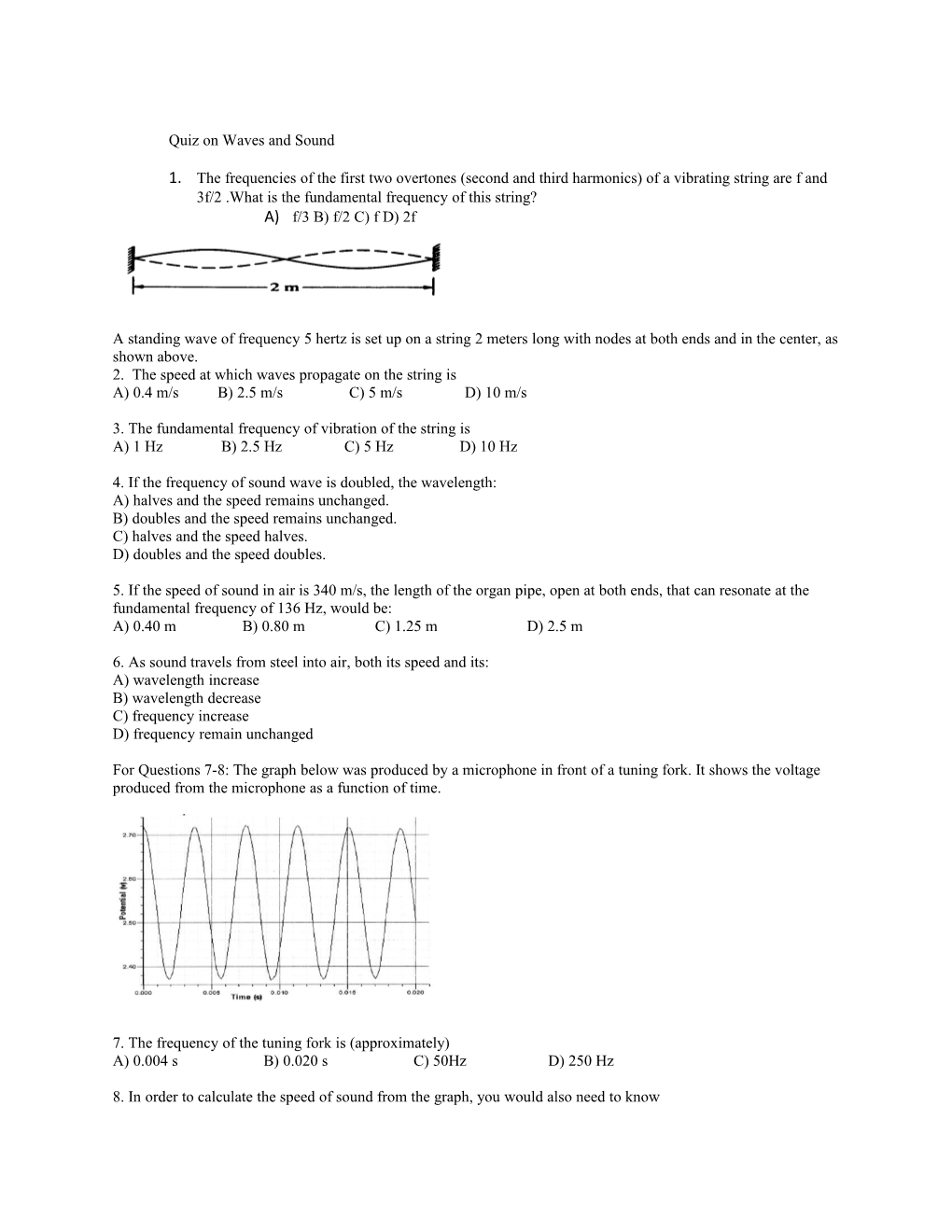 Quiz on Waves and Sound