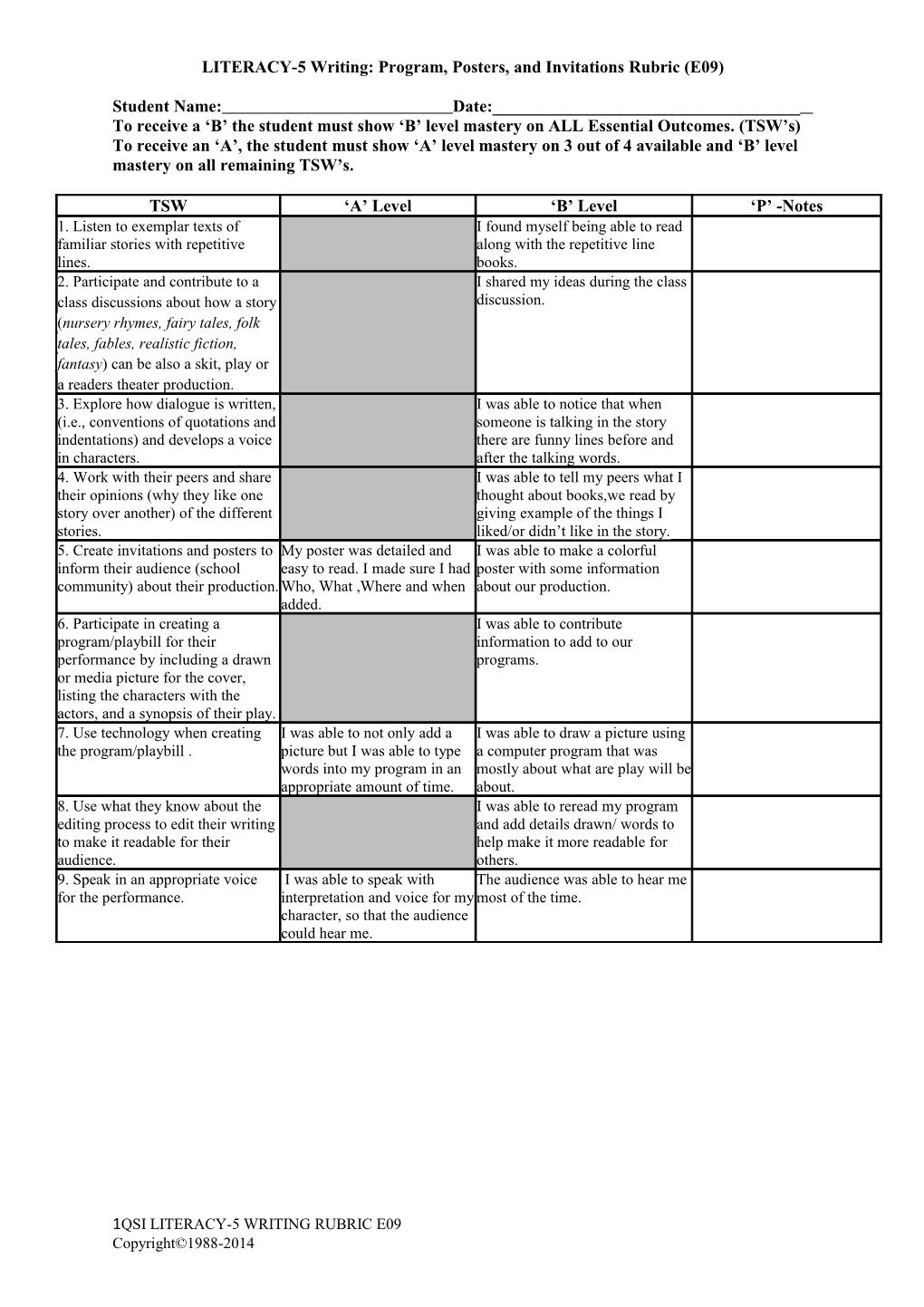 Writing Rubric5- E09 Program, Posters, and Invitations