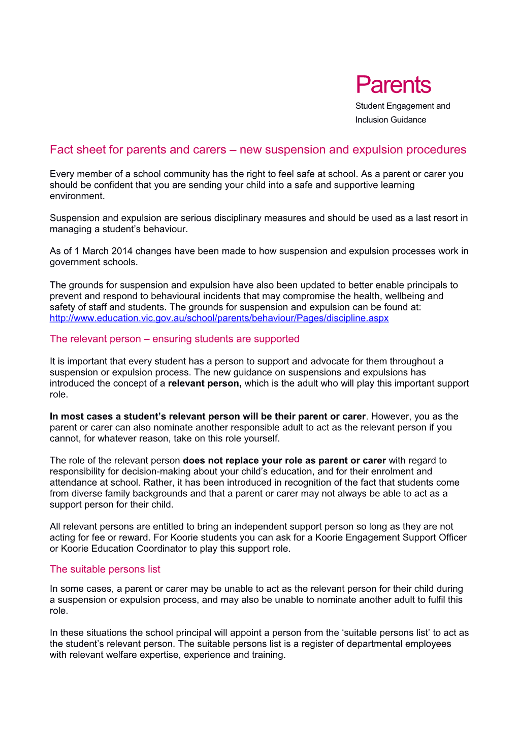 Parent Fact Sheet - Suspension and Expulsion Procedures