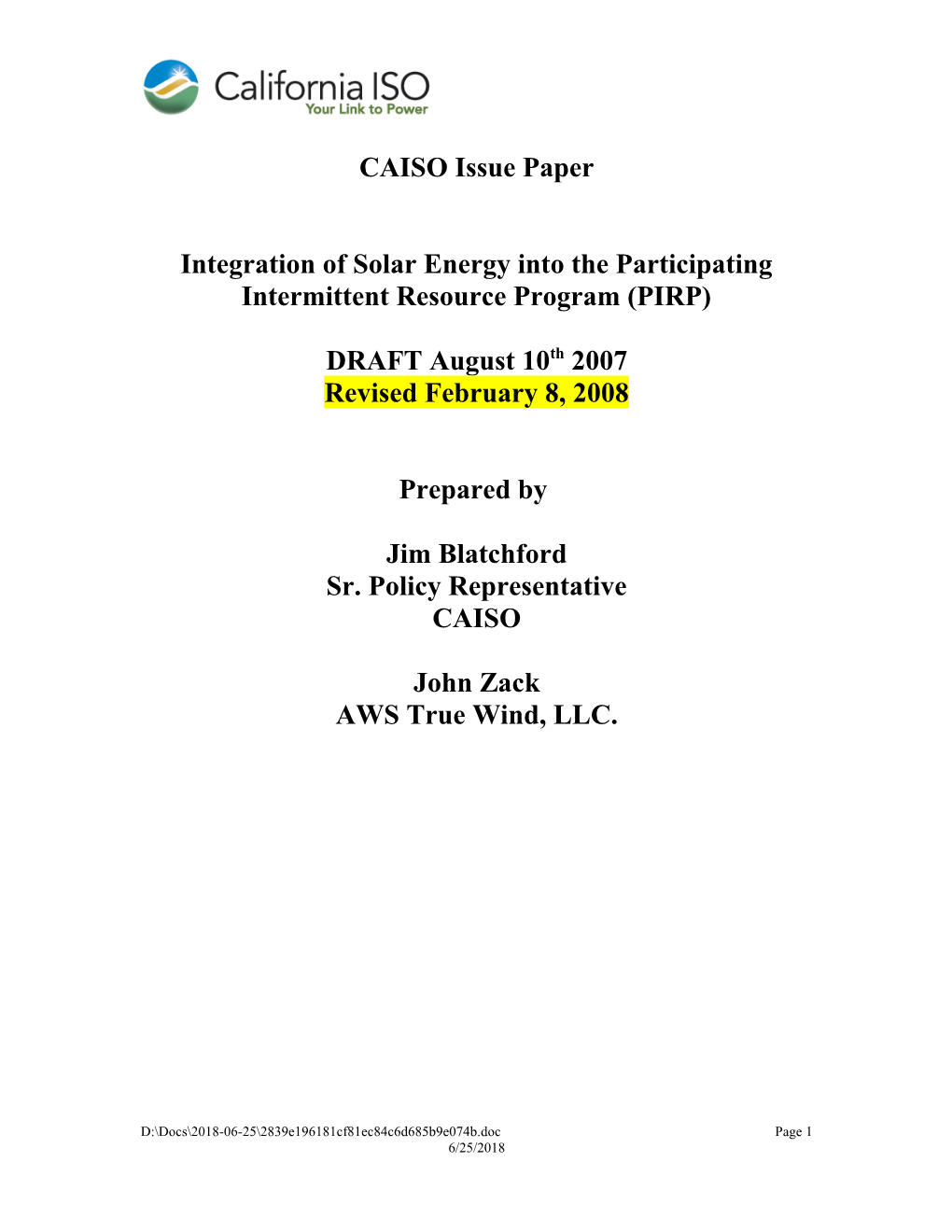 Revised Issue Paper - Integration of Solar Into PIRP