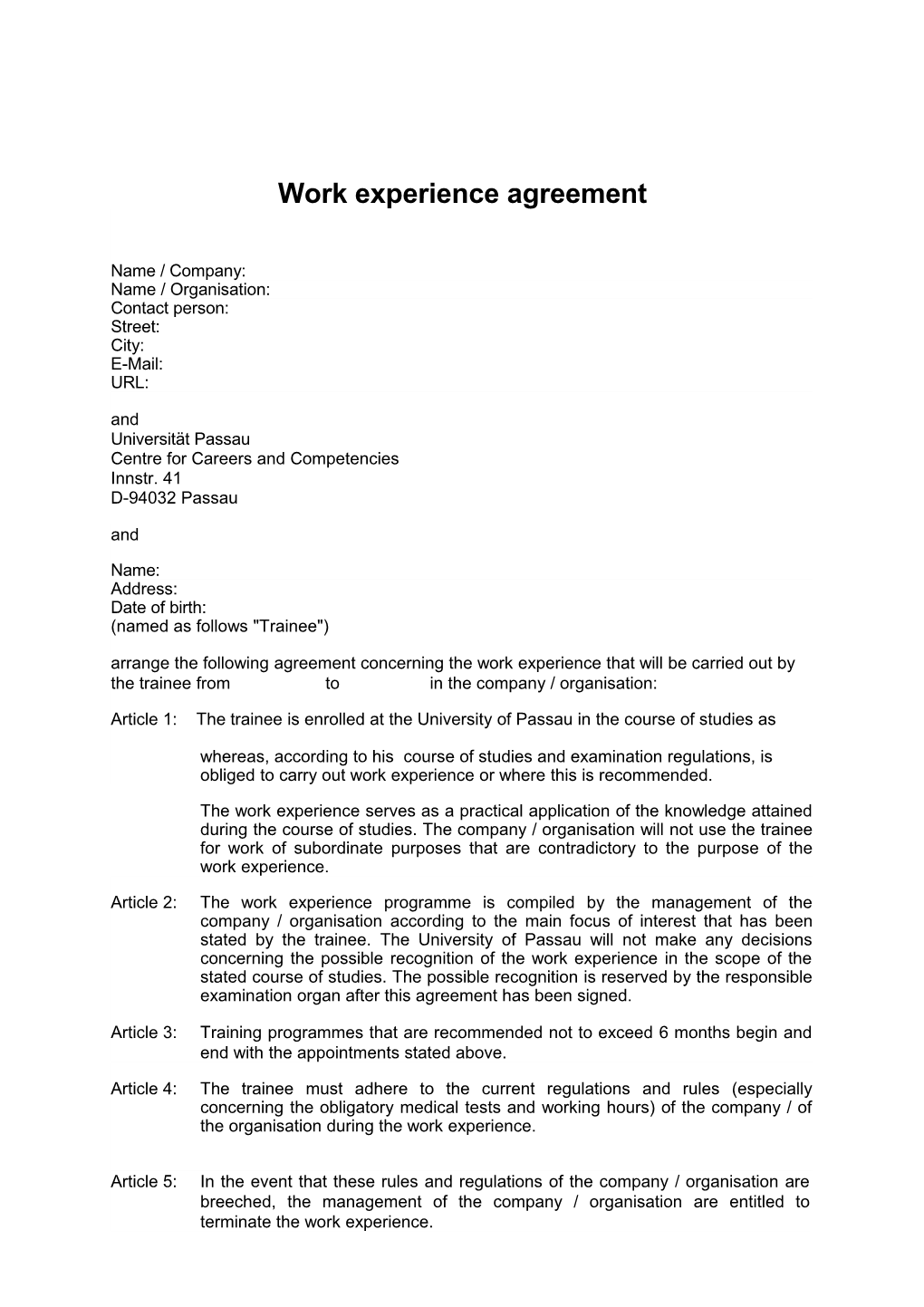 Work Experience Agreement