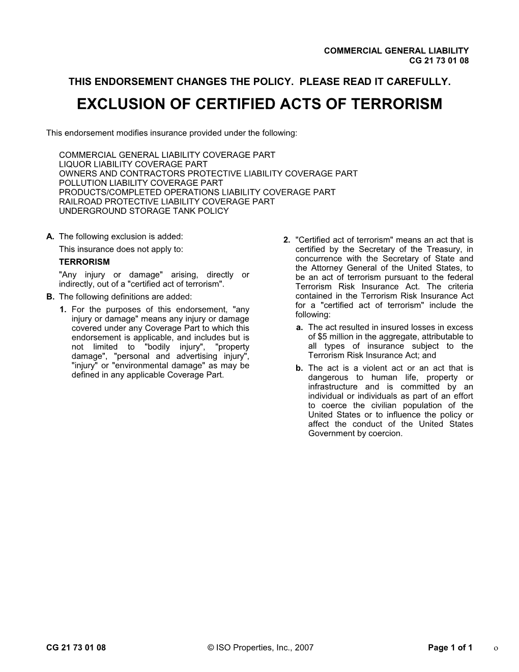 Exclusion of Certified Acts of Terrorism