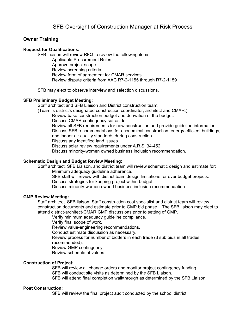 SFB Oversight of Construction Manager at Risk Process