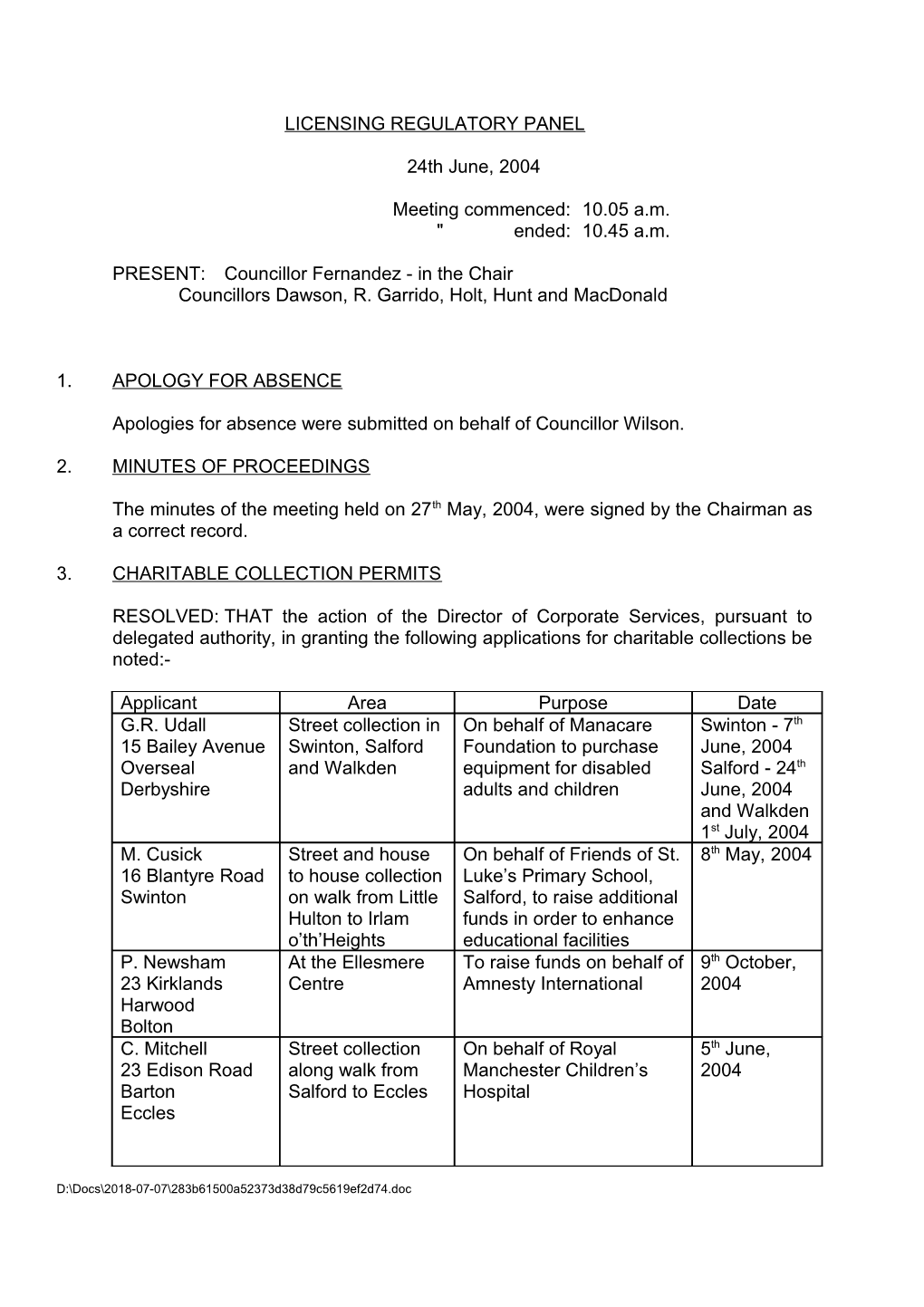 Licensing Regulatory Panel