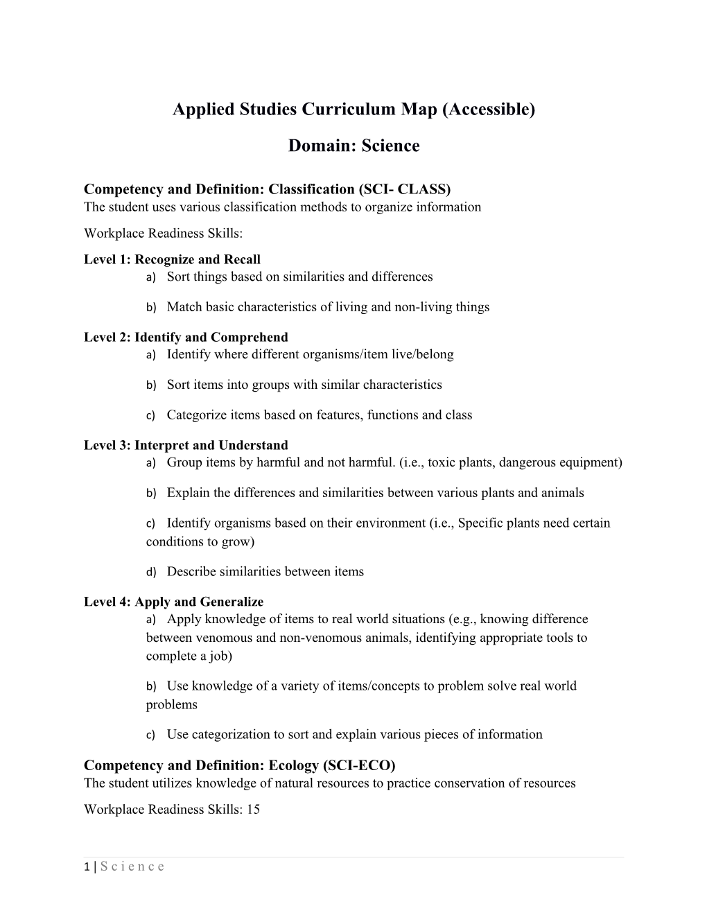 Applied Studies Curriculum Map: Science Domain