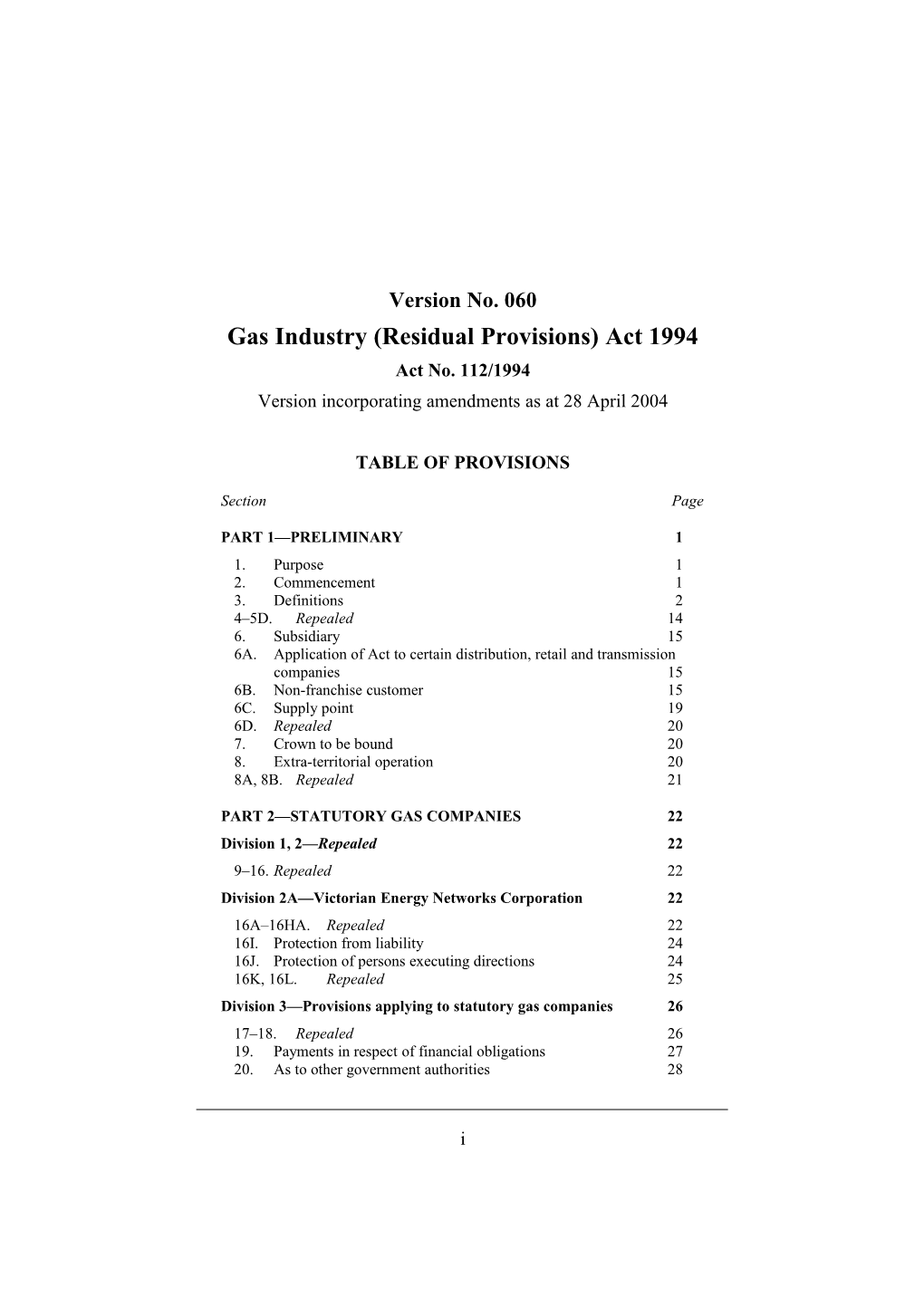 Gas Industry (Residual Provisions) Act 1994