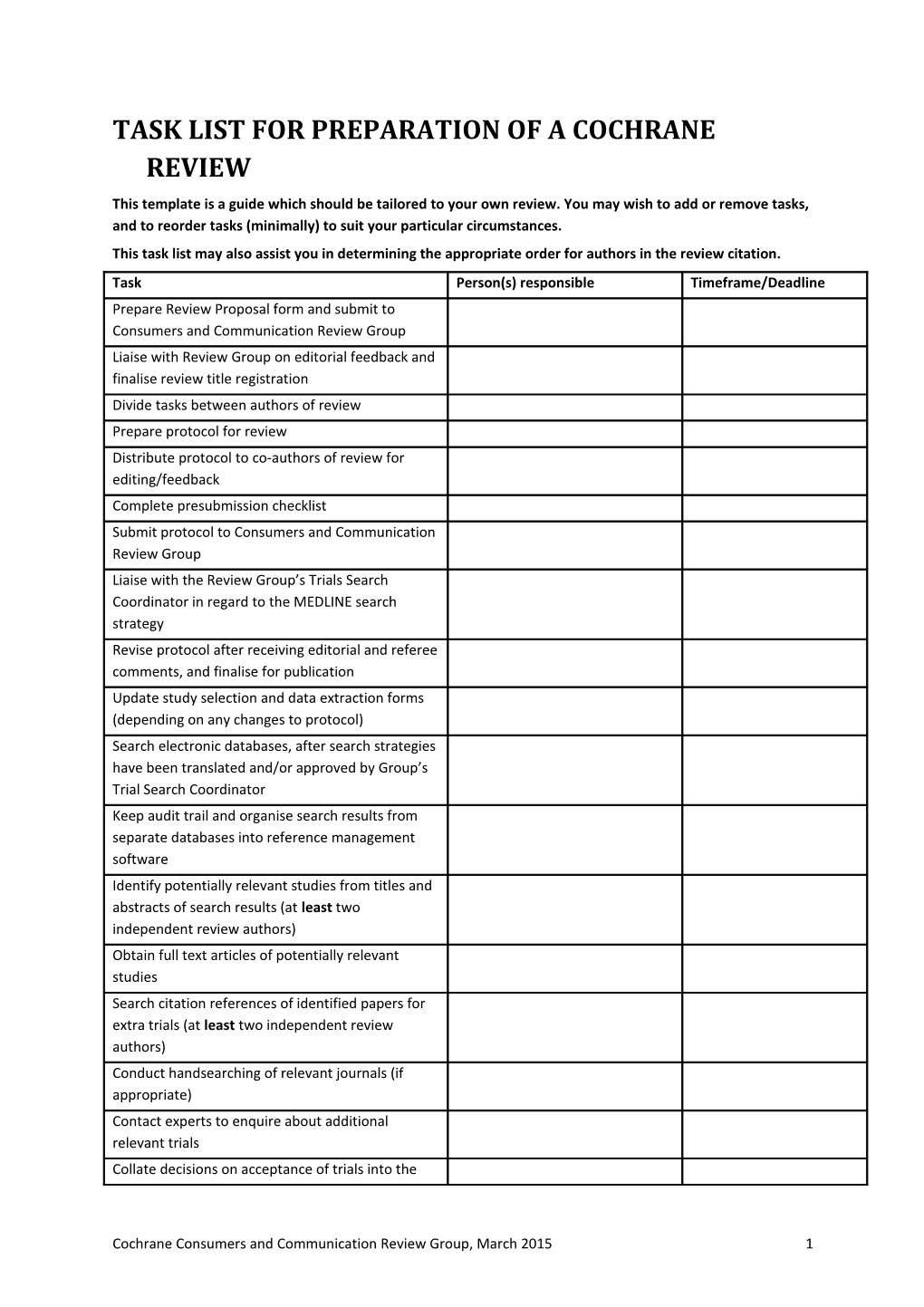 Task List for Preparation of a Cochrane Review