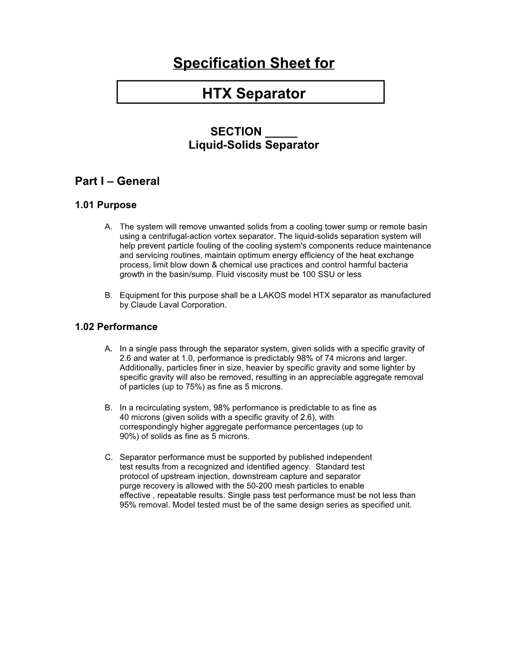 Specification Sheet For