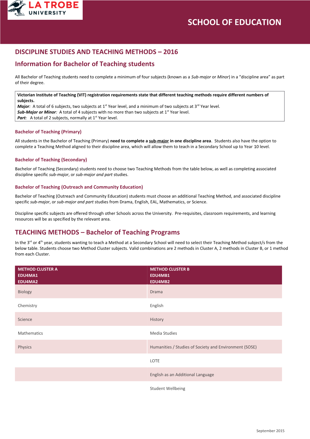 Discipline Studies and Teaching Methods 2016