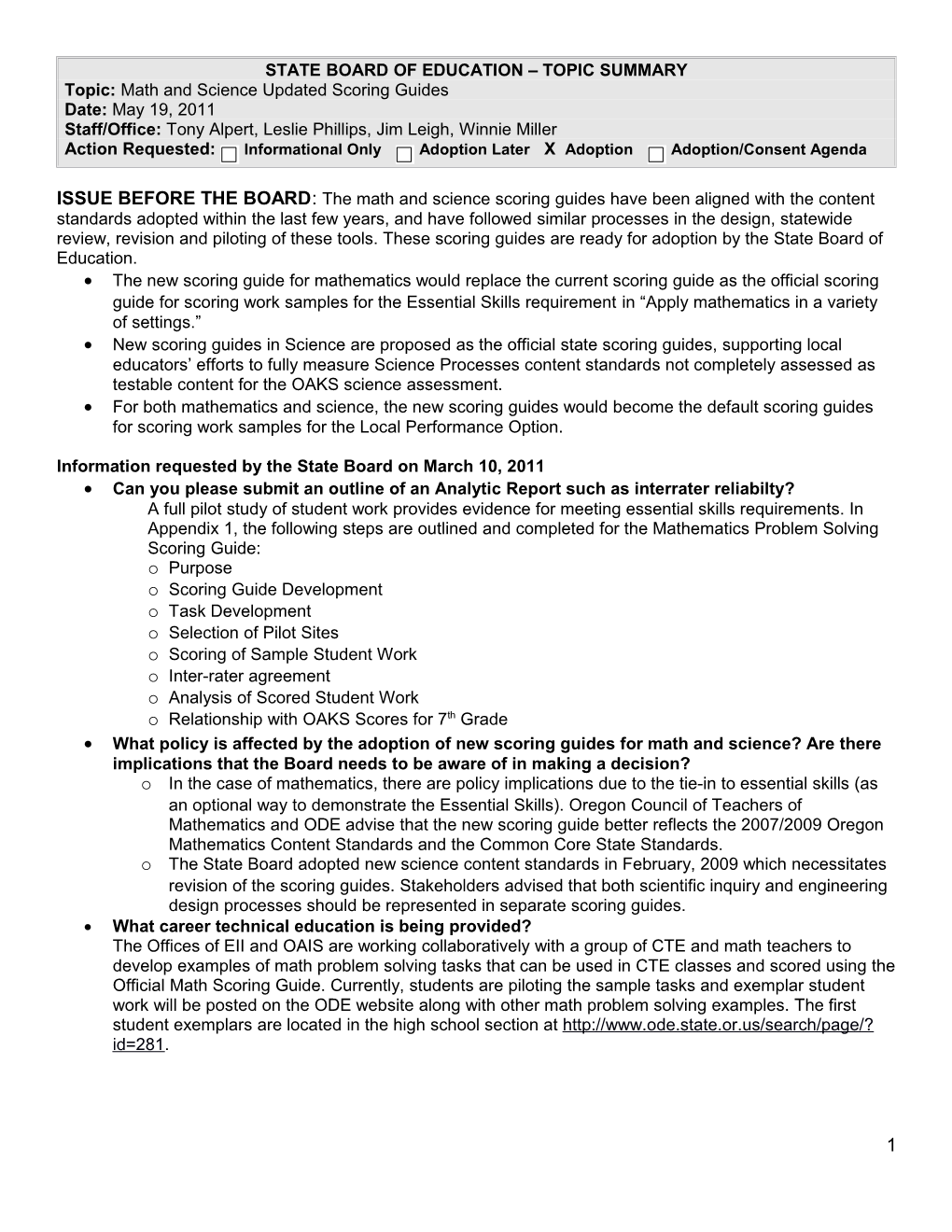 State Board of Education Topic Summary s15