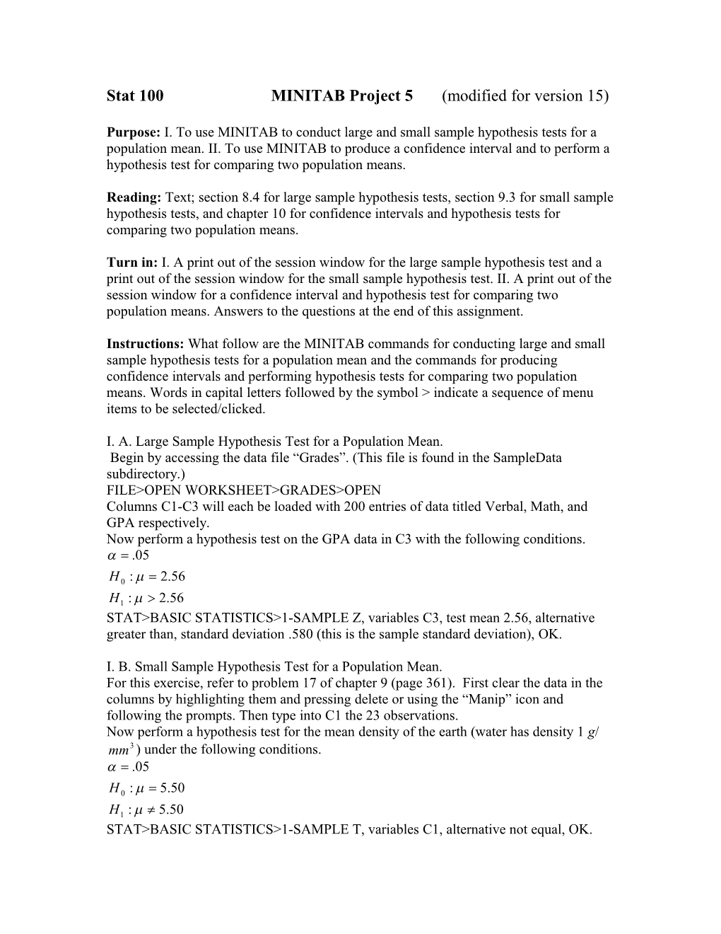 Stat 100 MINITAB Project 5 (Modified for Version 15)