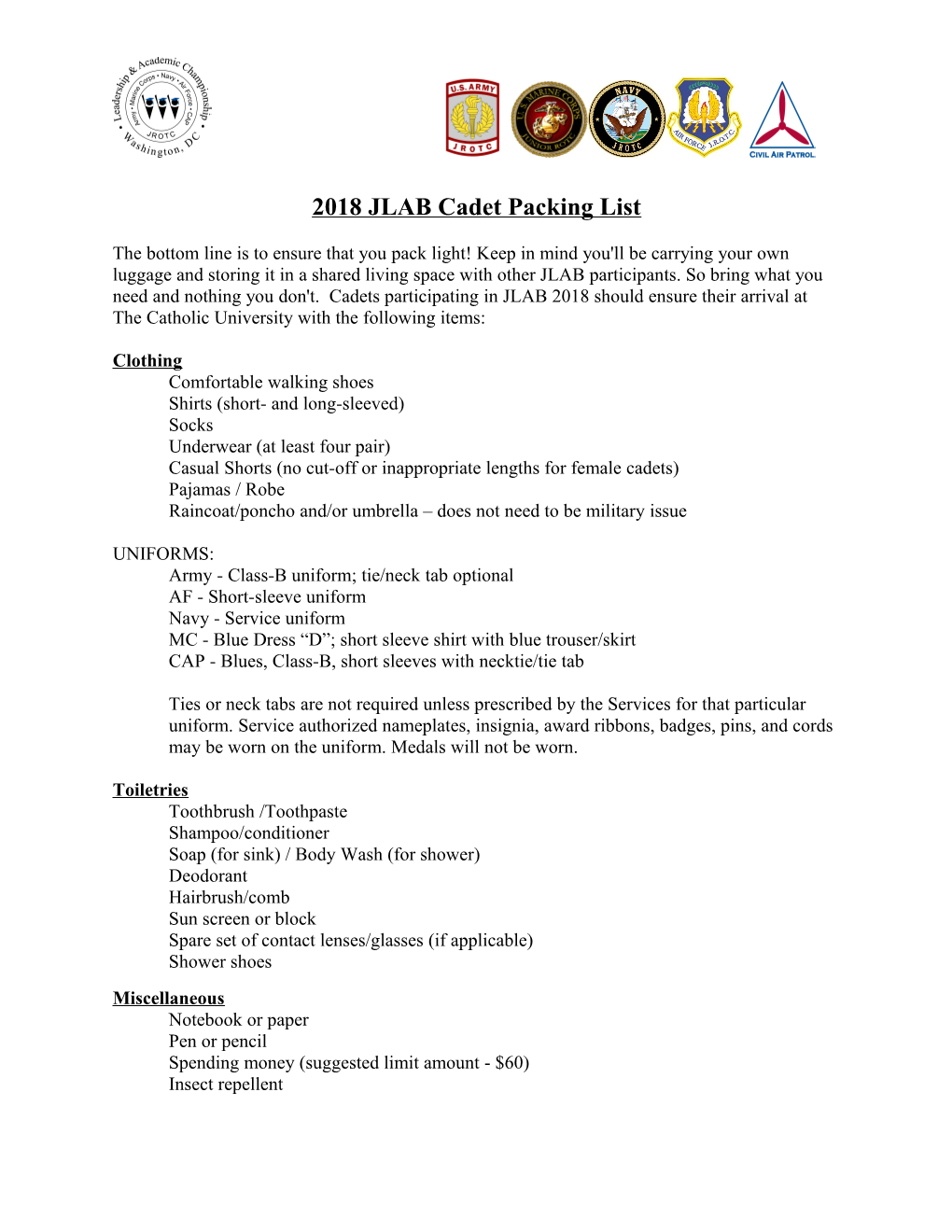 2018JLAB Cadet Packing List