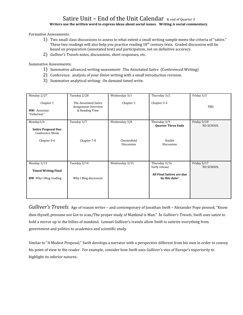 Satire Unit End of the Unit Calendar & End of Quarter 3