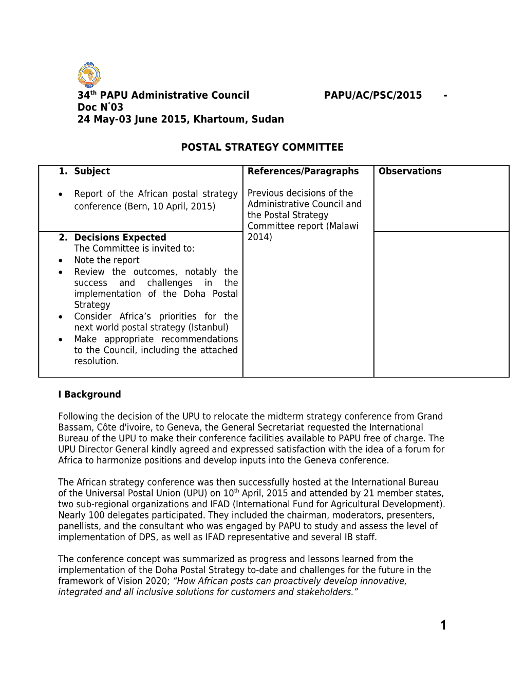 34Th PAPU Administrative Council PAPU/AC/PSC/2015 - Doc N 03