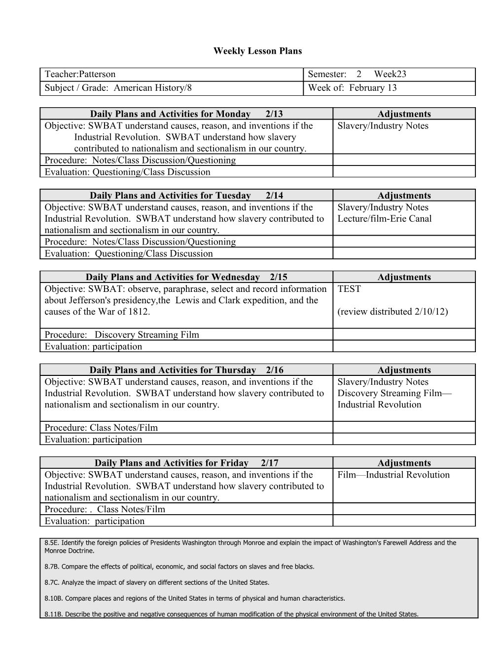 Weekly Lesson Plans s2