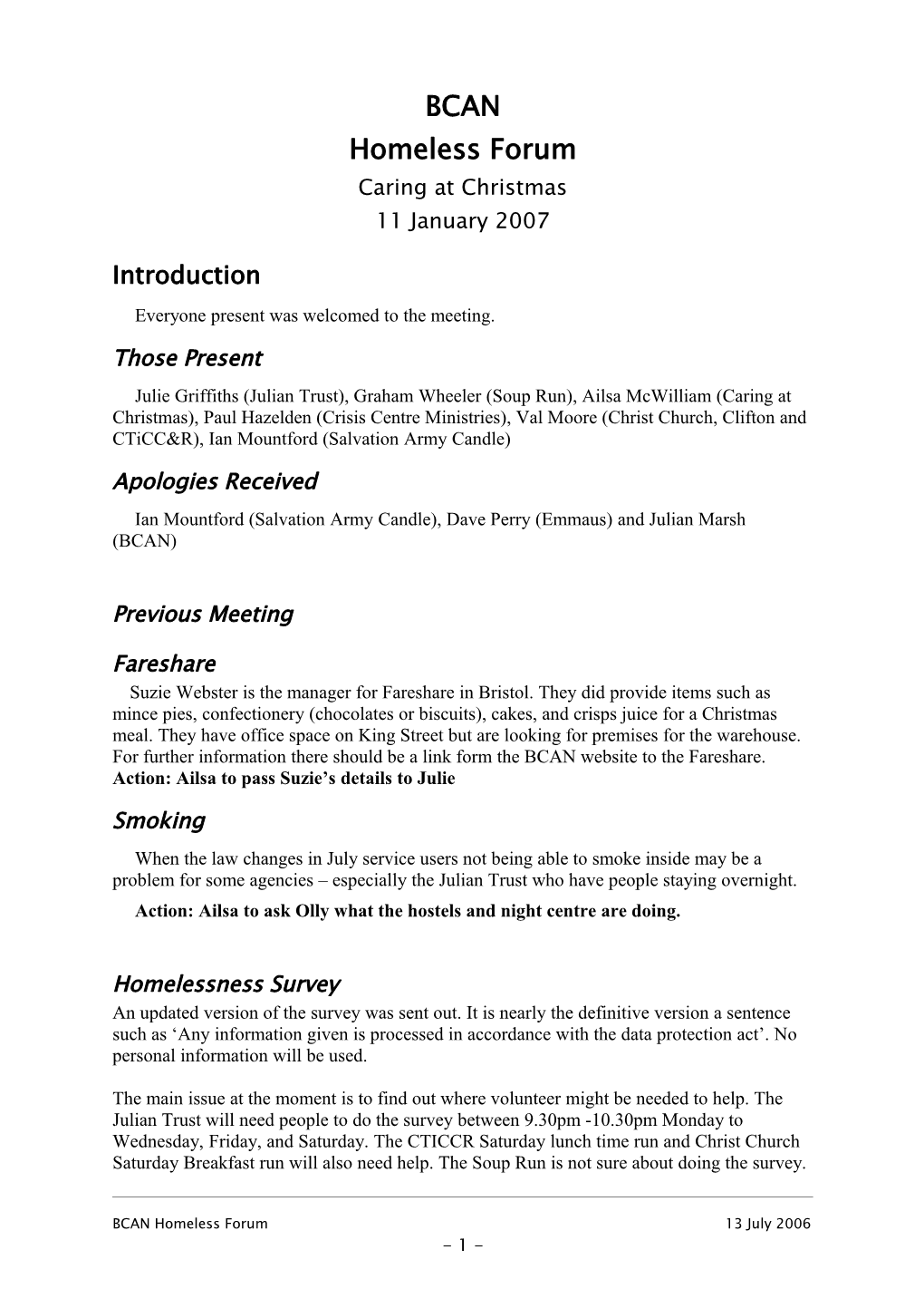 BCAN Homeless Forum Meeting Notes