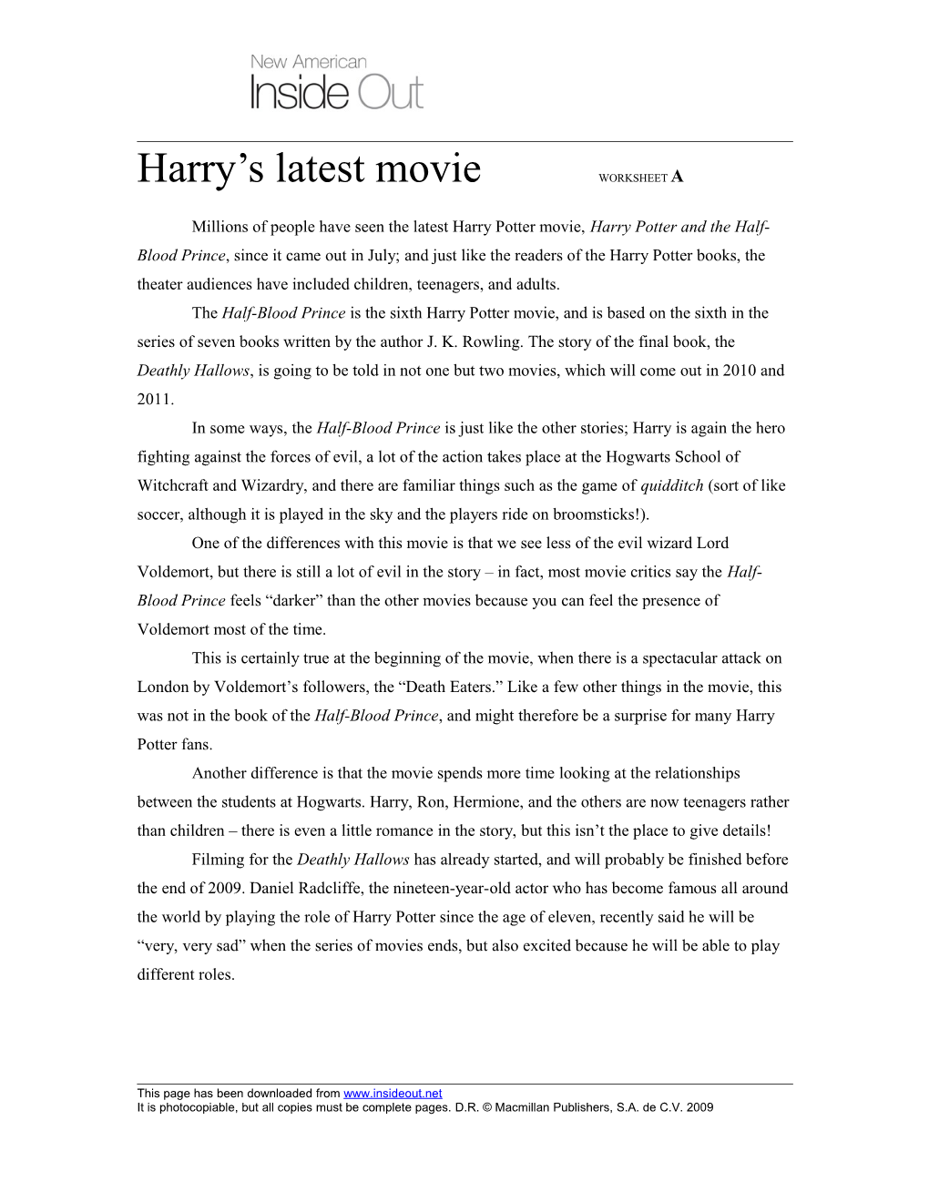 Harry Returns to the Cinema WORKSHEET A