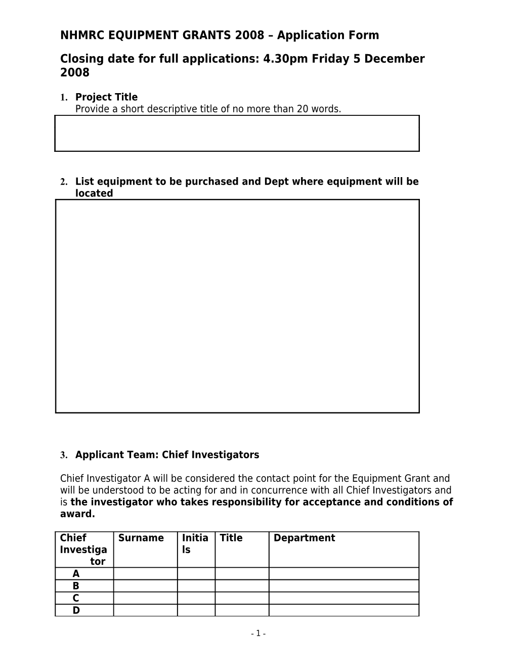 NHMRC EQUIPMENT GRANTS 2007 Application Form