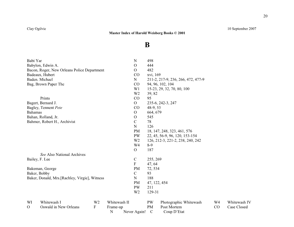 Master Index of Harold Weisberg Books 2001