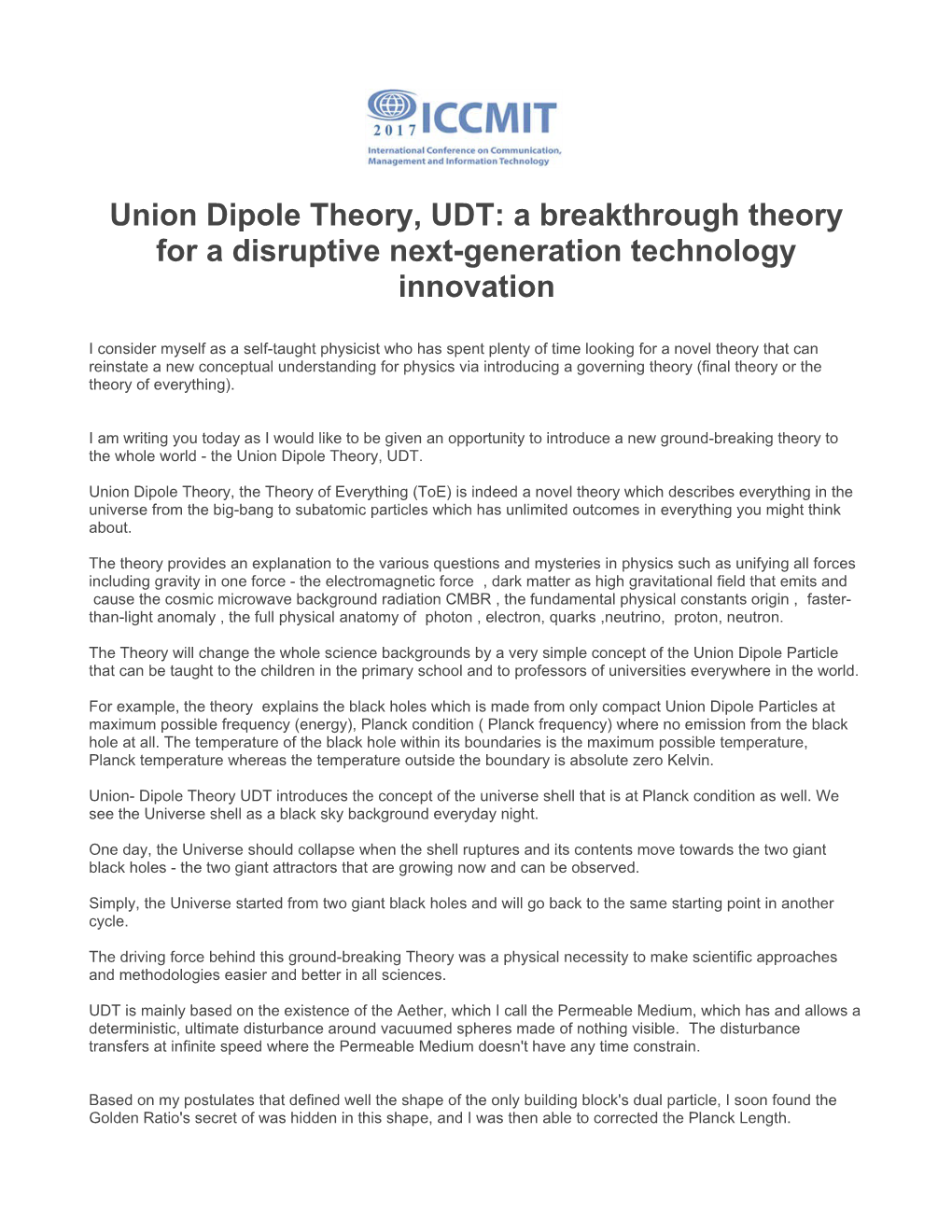 Union Dipole Theory, UDT: a Breakthrough Theory for a Disruptive Next-Generation Technology