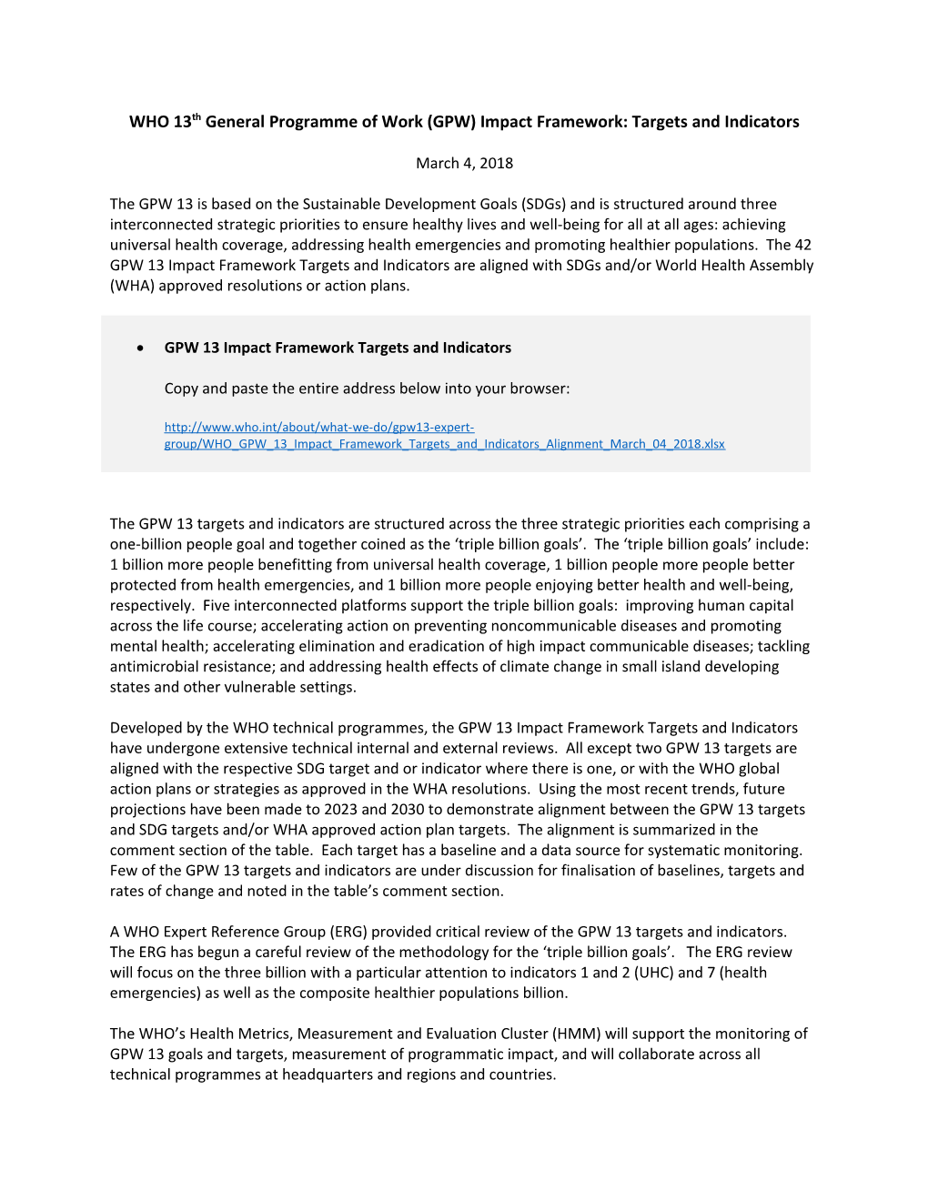 WHO 13Th General Programme of Work (GPW) Impact Framework: Targets and Indicators