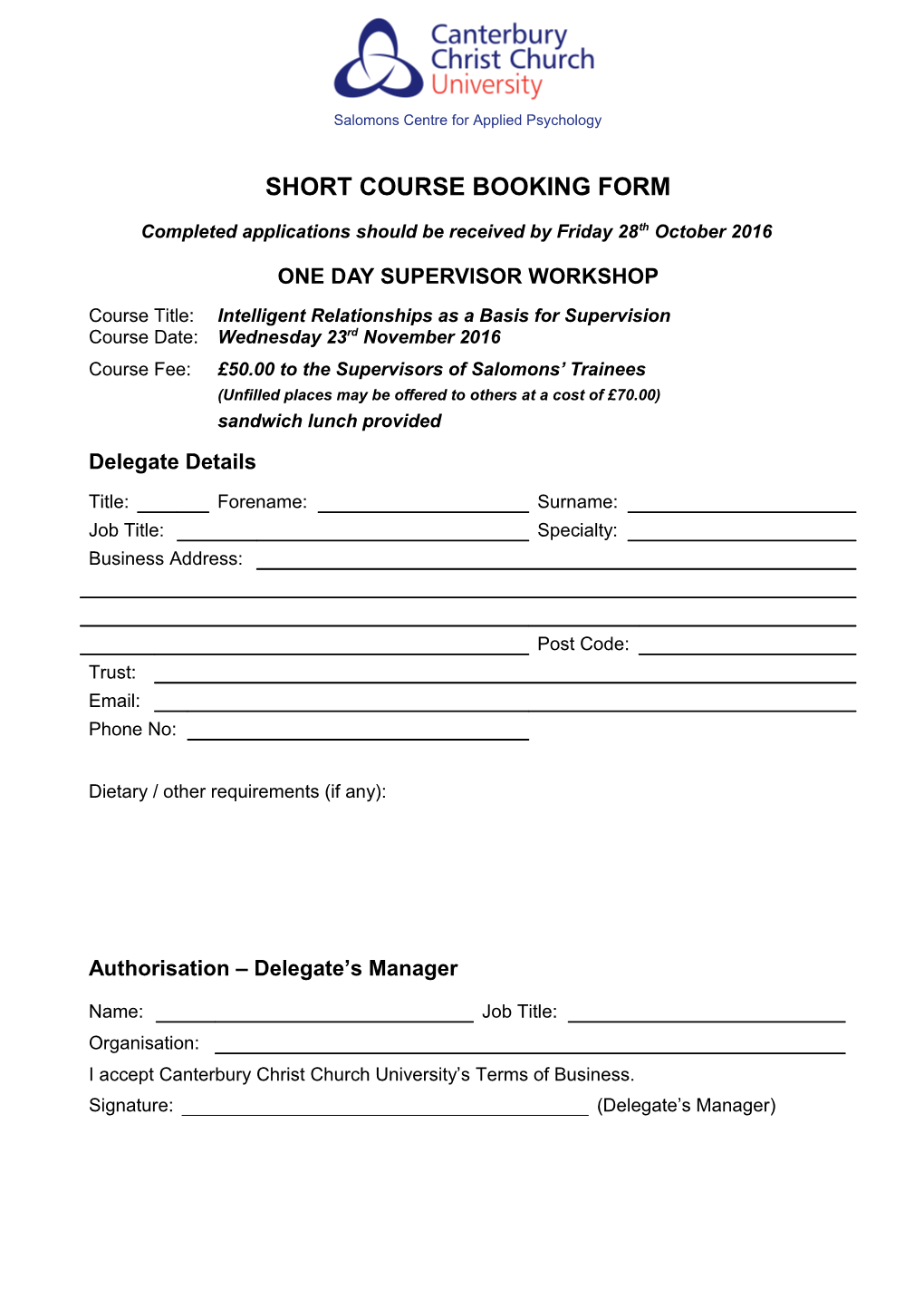 Short Course Booking Form