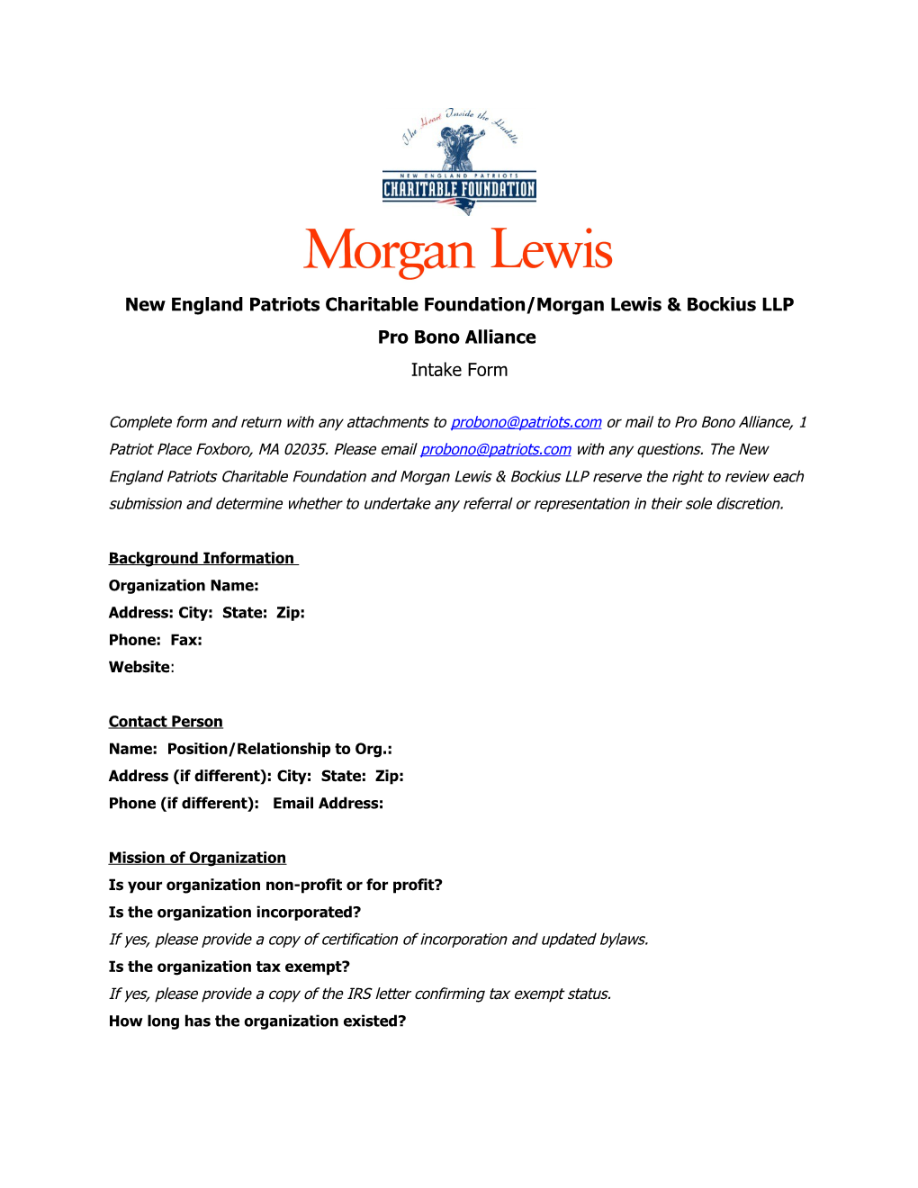 New England Patriots Charitable Foundation/Morgan Lewis & Bockius LLP Pro Bono Alliance