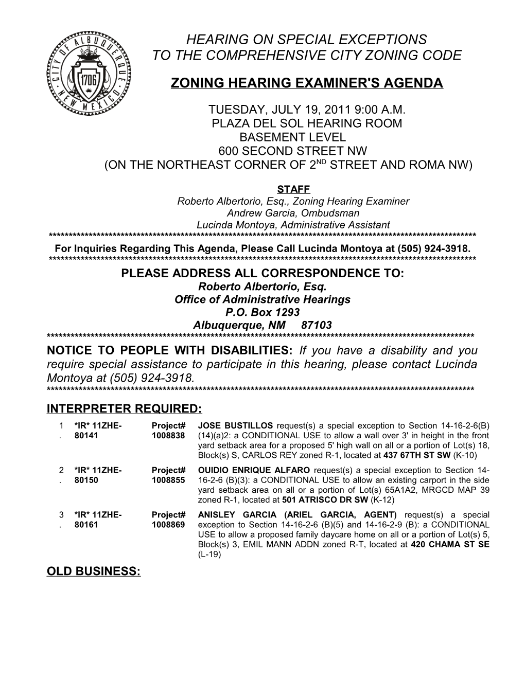 Zoning Hearing Examiner's Agenda s1