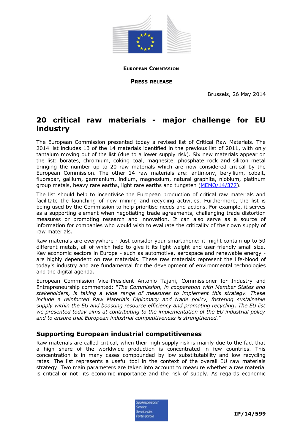 20 Critical Raw Materials - Major Challenge for EU Industry