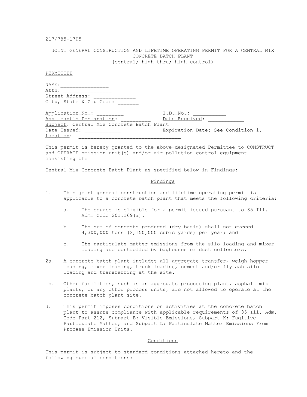 Joint General Construction and Lifetime Operating Permit for a Central Mix Concrete Batch Plant