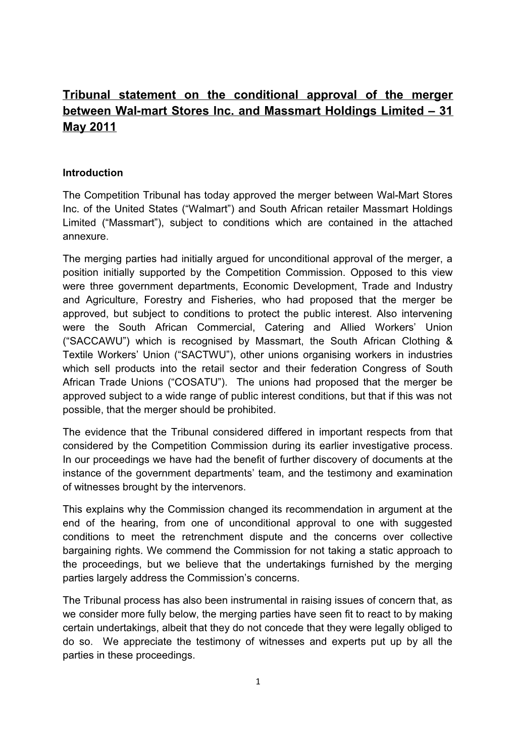 Tribunal Statement on the Conditional Approval of the Merger Between Wal-Mart Stores Inc