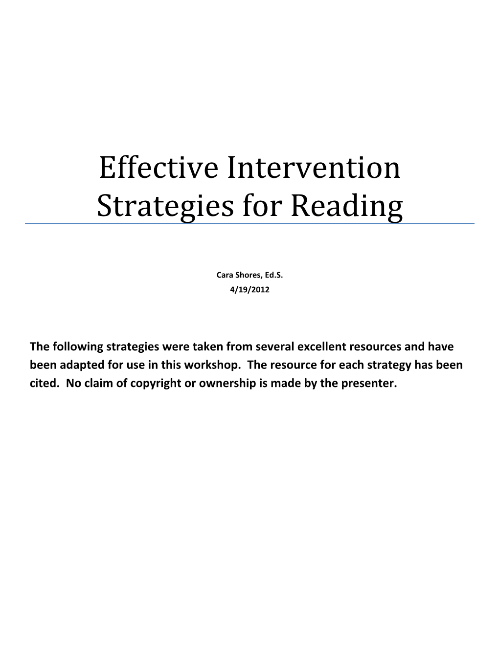 Effective Intervention Strategies for Reading