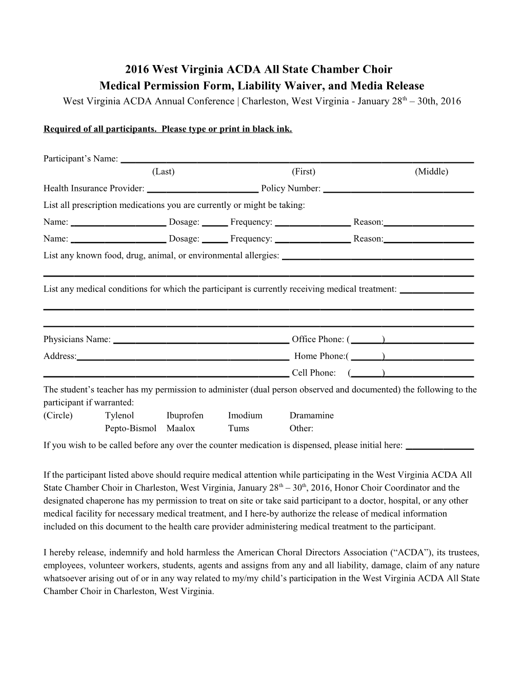 ACDA NAME Honor Choir Medical Permission Form and Liability Waiver