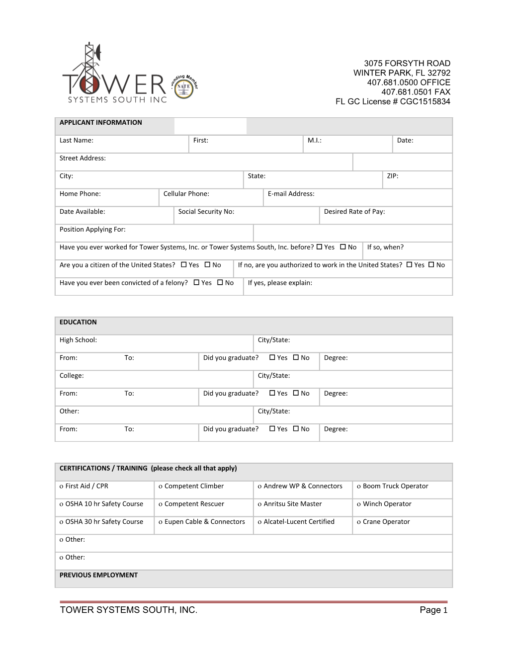 TOWER SYSTEMS SOUTH, INC.Page1