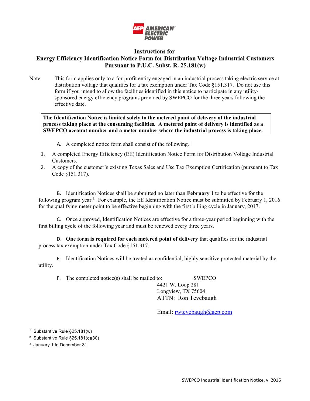 Procedure Instructions for Energy Efficiency Opt-Out Notice Form for Distribution Voltage