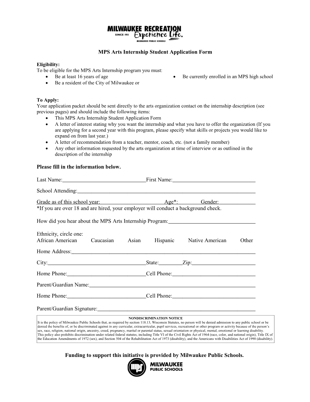 MPS Arts Internship Student Application Form