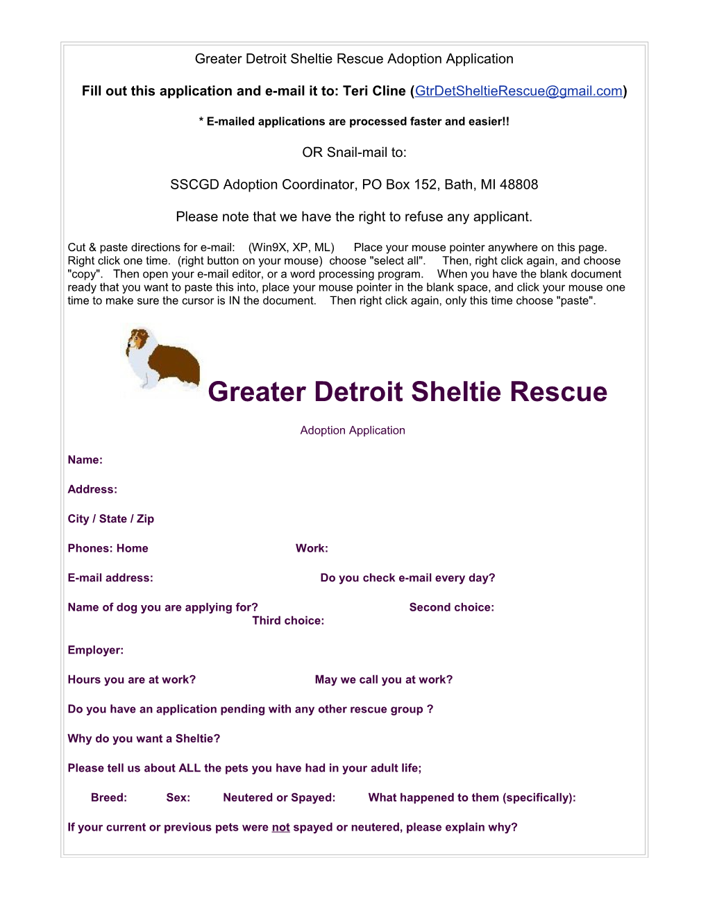 Greater Detroit Sheltie Rescue Adoption Application