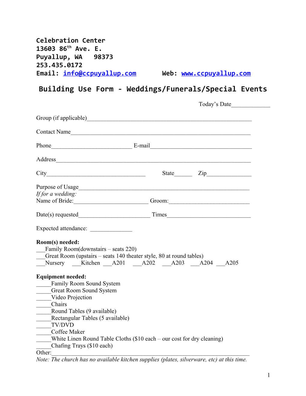 Building Use Form - Weddings/Funerals/Special Events