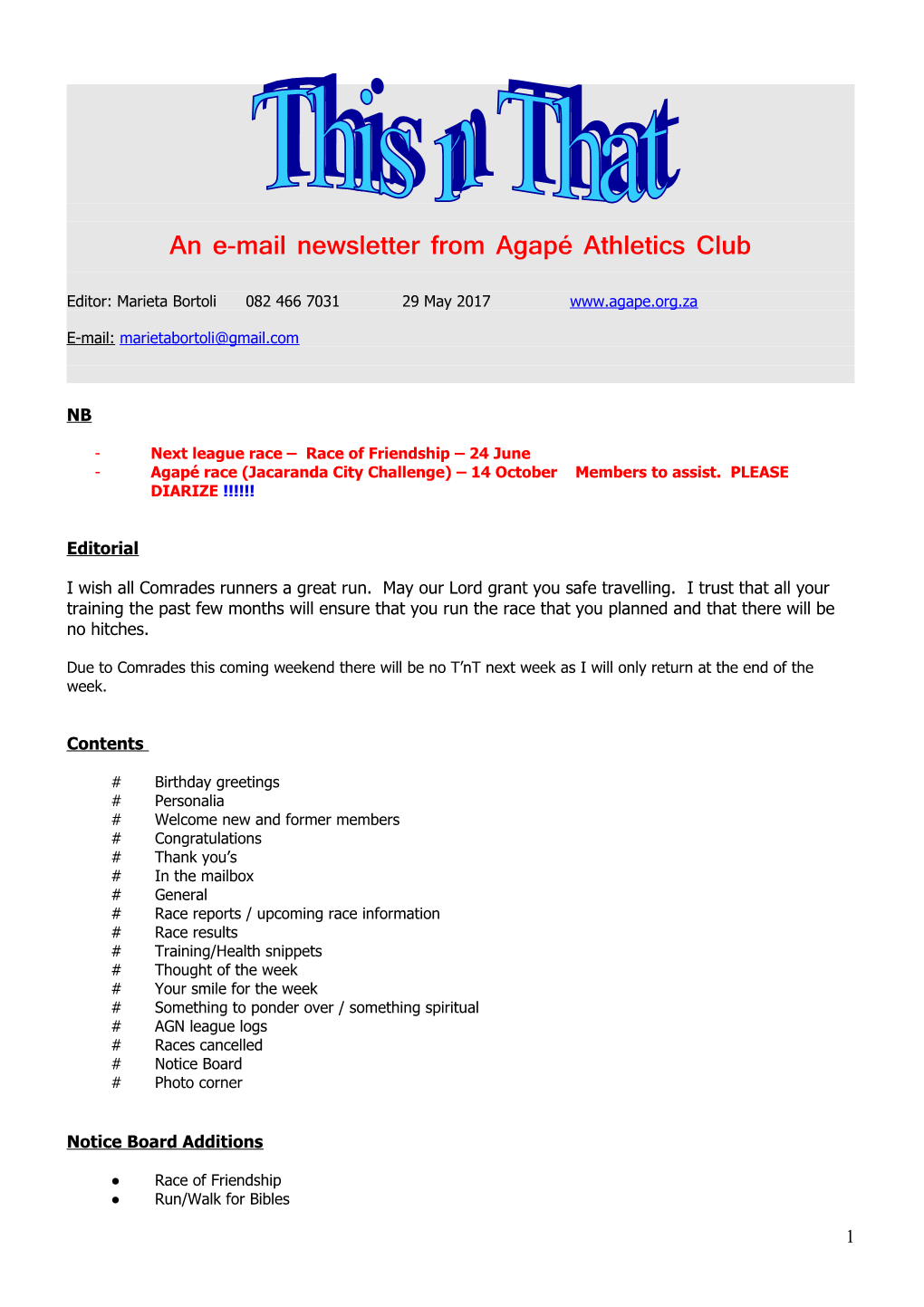 An E-Mail Newsletter from Agapé Athletics Club