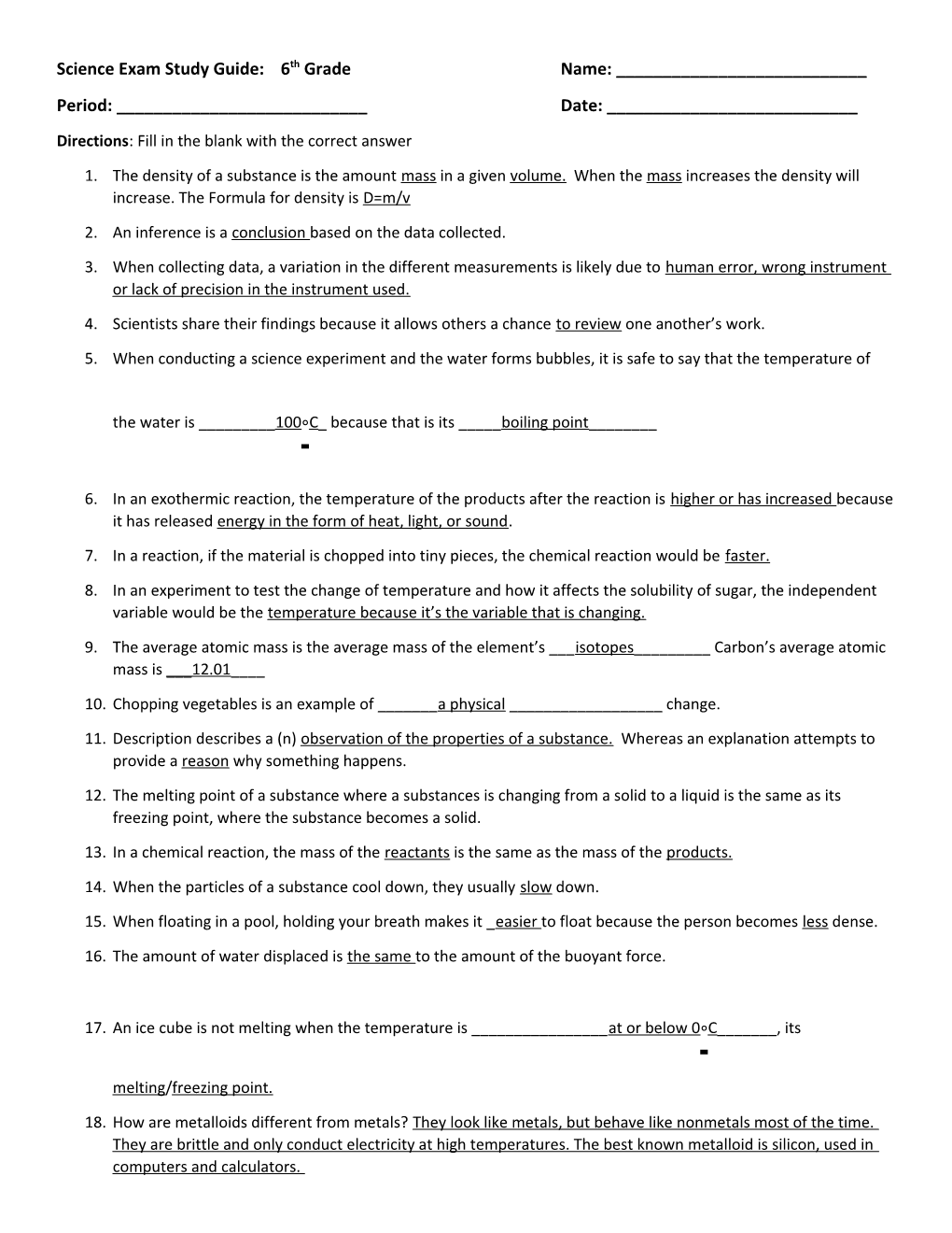 Science Exam Study Guide:6Th Grade Name: ______