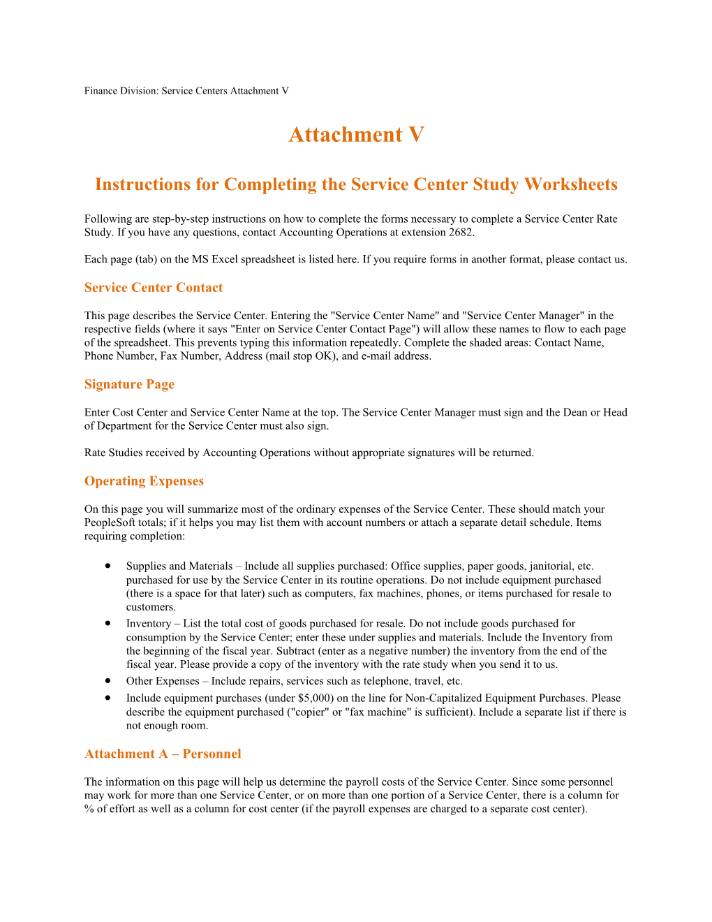 Finance Division: Service Centers Attachment V