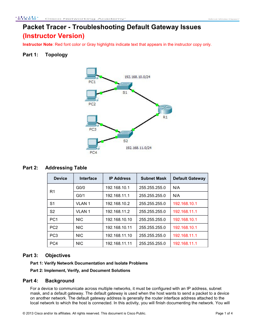 Packet Tracer - Troubleshooting Default Gateway Issues