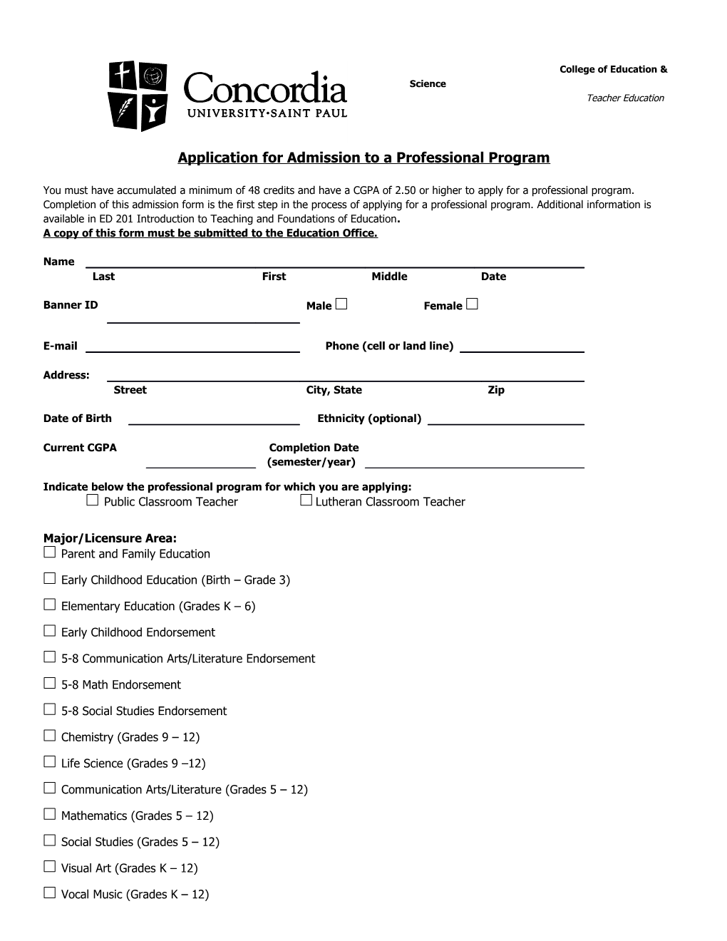 Application for Admission to a Professional Program