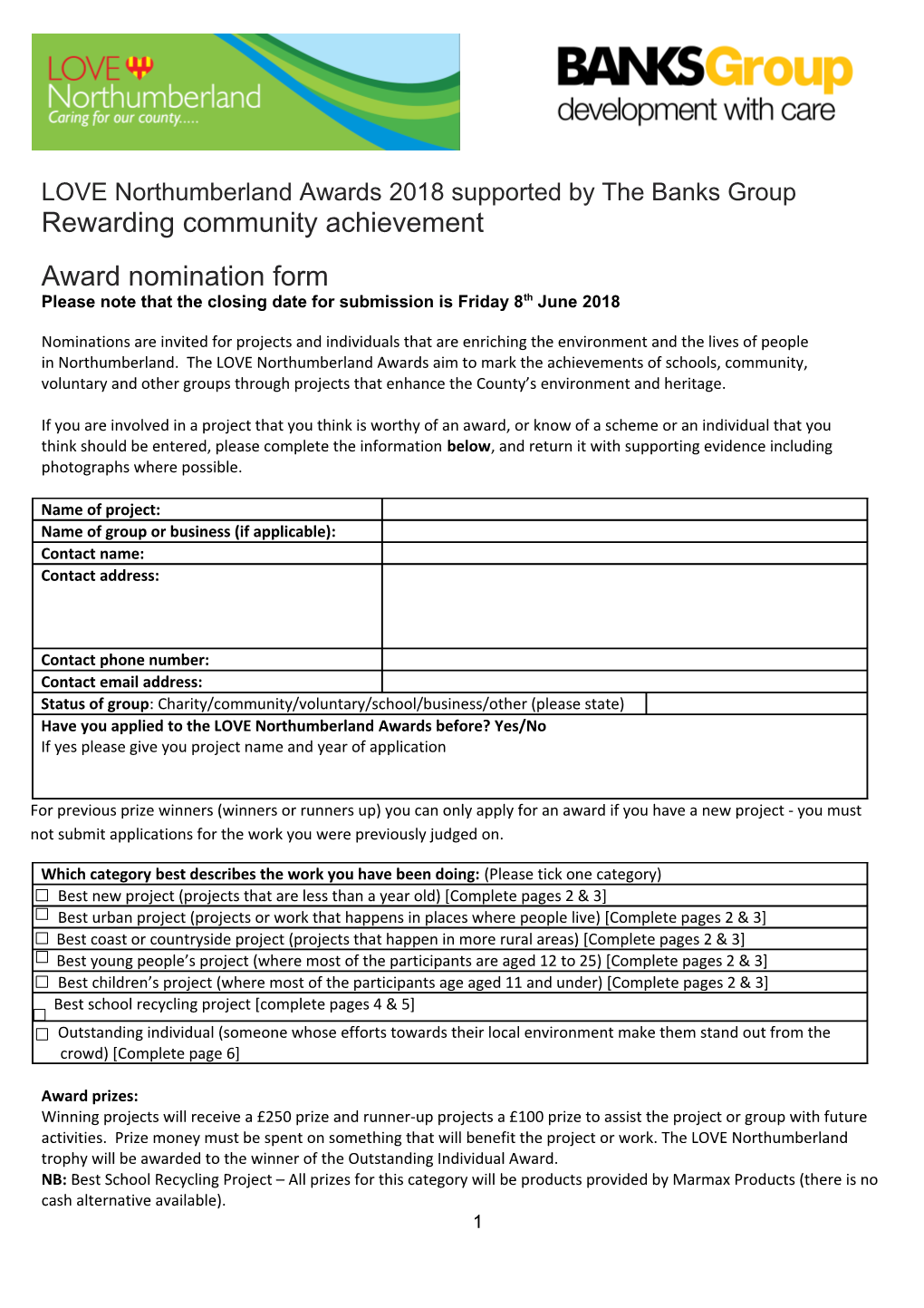 Love Northumberland Competition Application Form Info / Criteria Etc