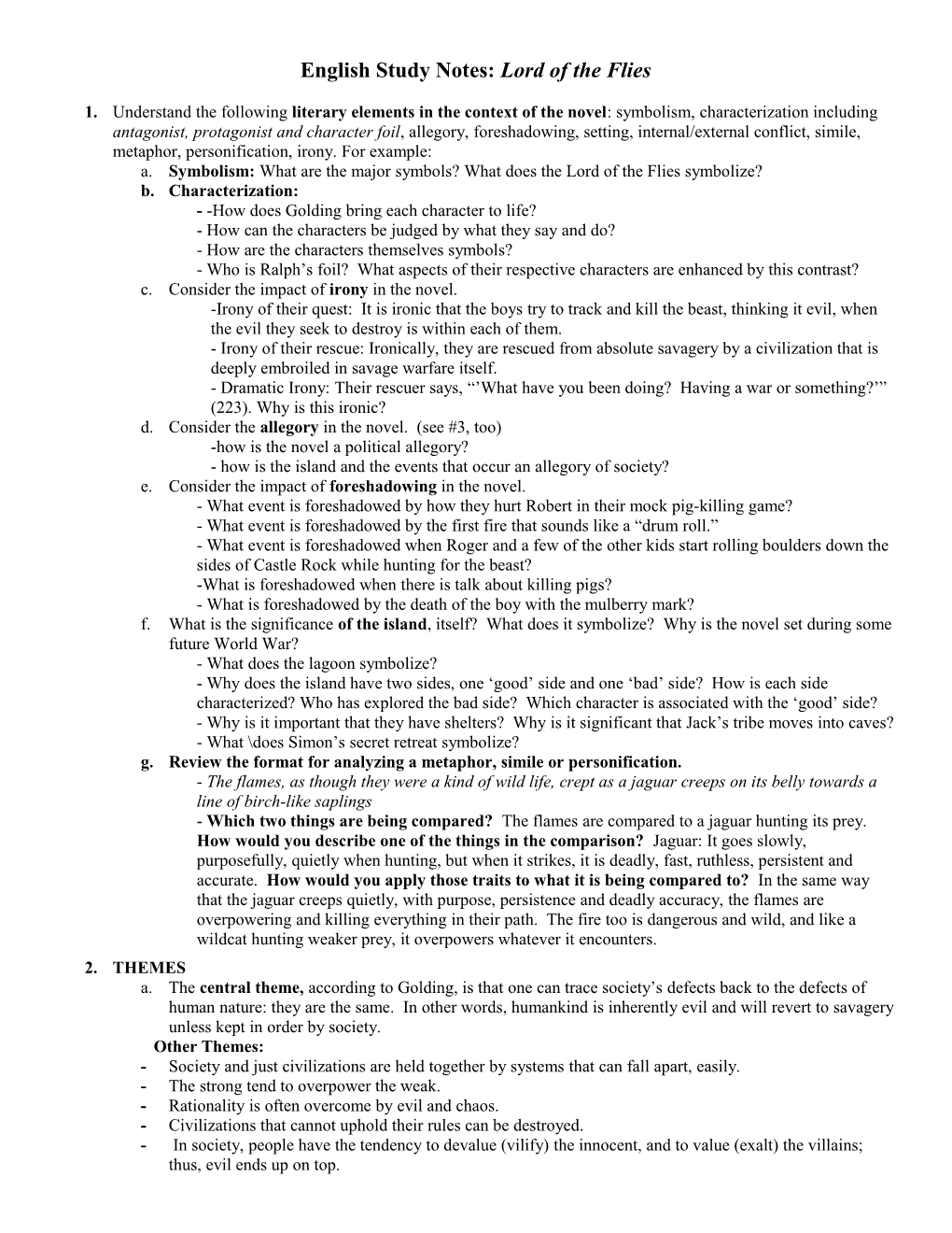 English 9 Study Guide for Lord of the Flies