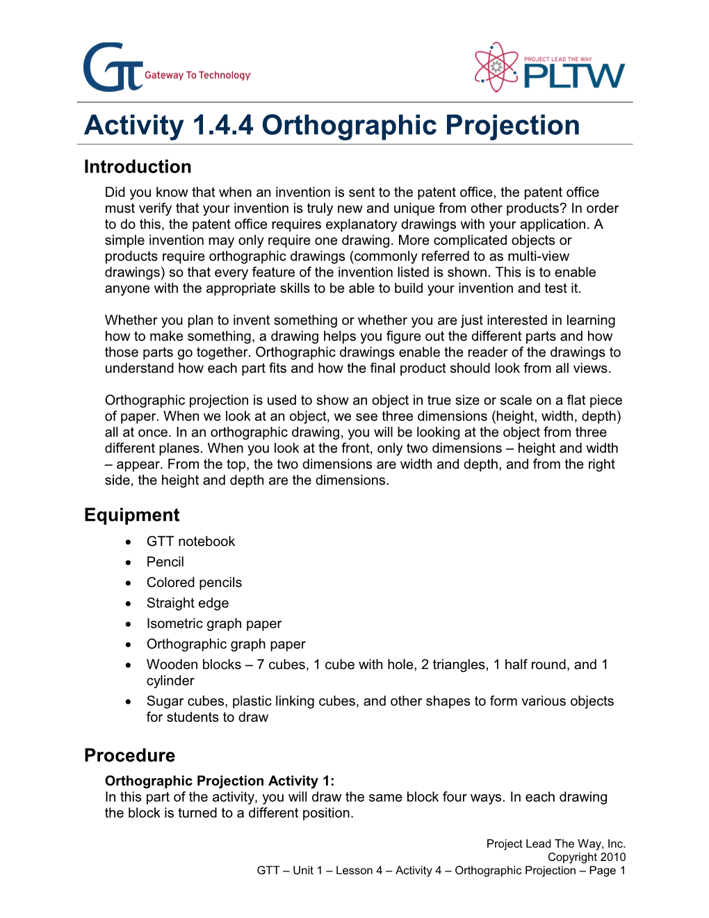 Activity 1.4.4 Orthographic Projection
