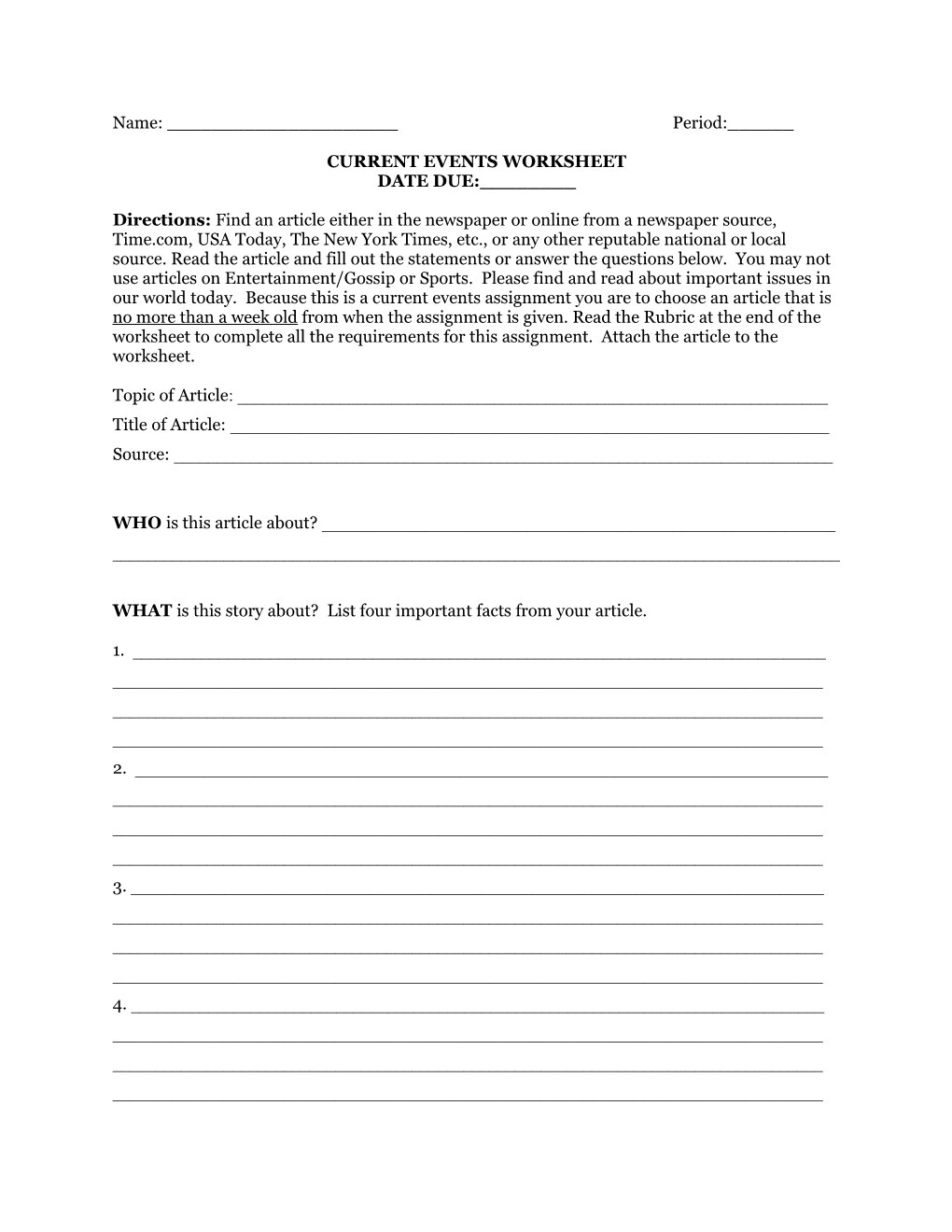 Current Events Worksheet