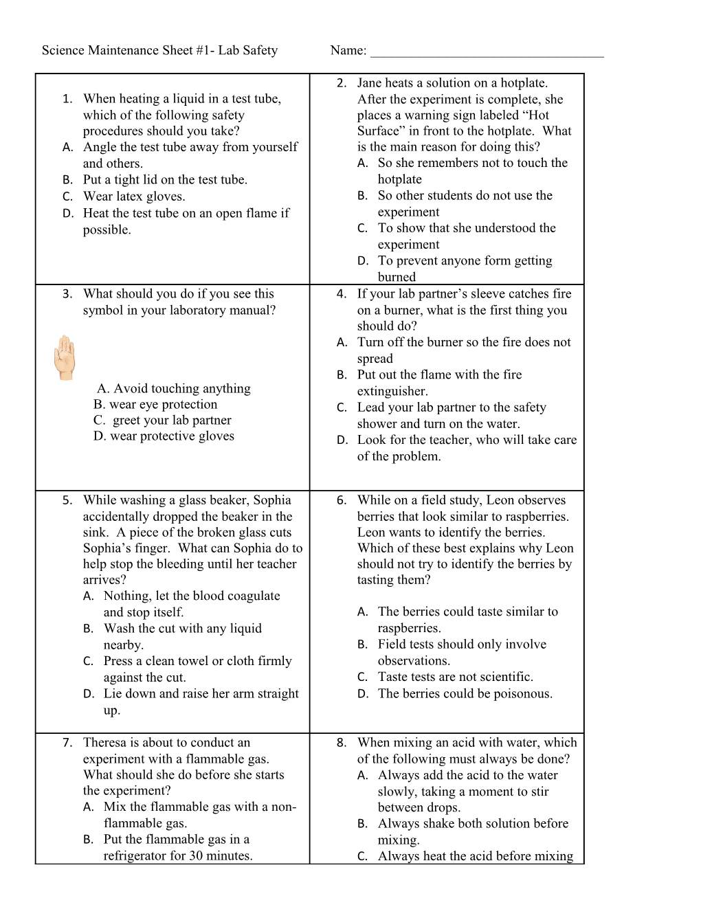 Science Maintenance Sheet #1- Lab Safety Name: ______