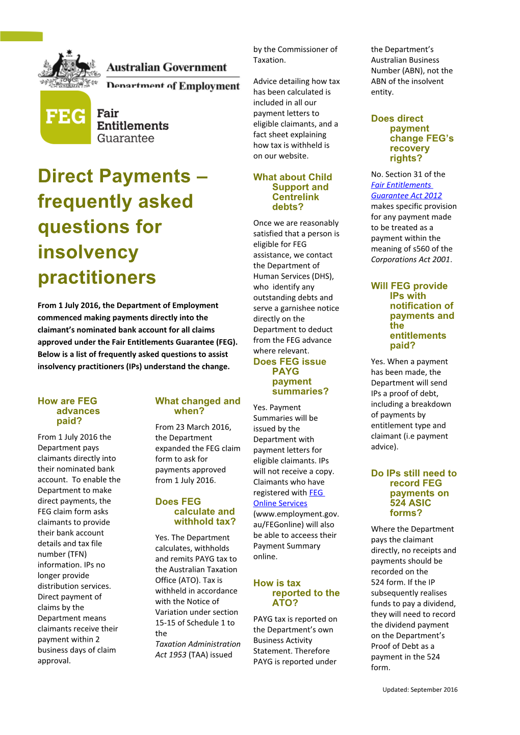 Direct Payments Frequently Asked Questions for Insolvency Practitioners