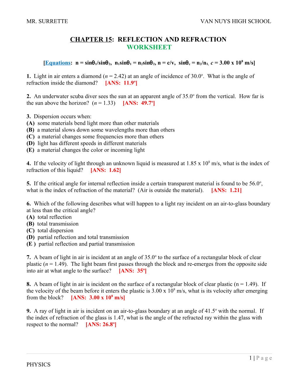 Atomic Physics Worksheet s1